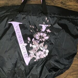 Victoria's Secret Black Puffy Nylon Tote Bag with Lilac Floral V Logo